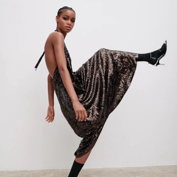 Zara rich brown sequin halter long dress, S - Picture 3 of 12